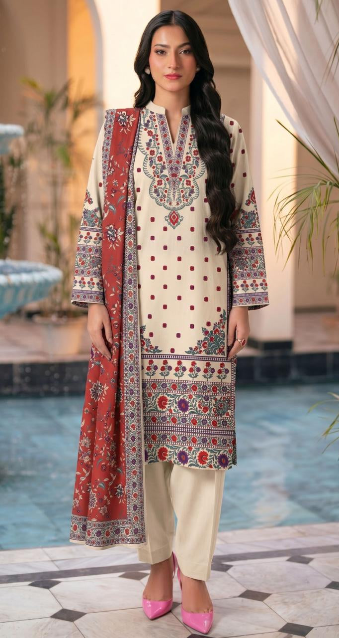 A woman modeling a Gul Ahmed Summer Collection Earth Crust three-piece printed lawn suit, featuring a cream kurta with colorful floral prints, a red patterned jacket, and beige trousers, shown next to product details on a white panel.