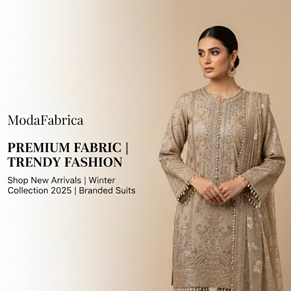 Woman wearing a beaded outfit with ModaFabrica branding and text about premium fabric and trendy fashion.