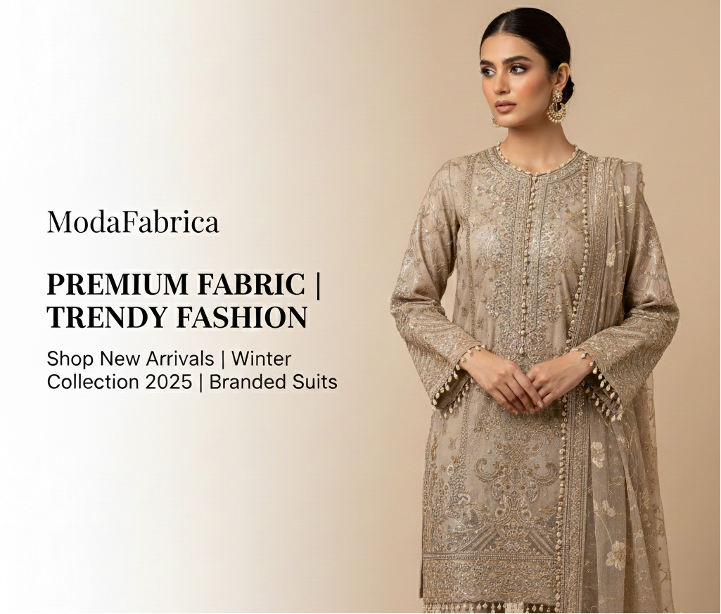 Woman wearing a beaded outfit with ModaFabric branding on a beige background