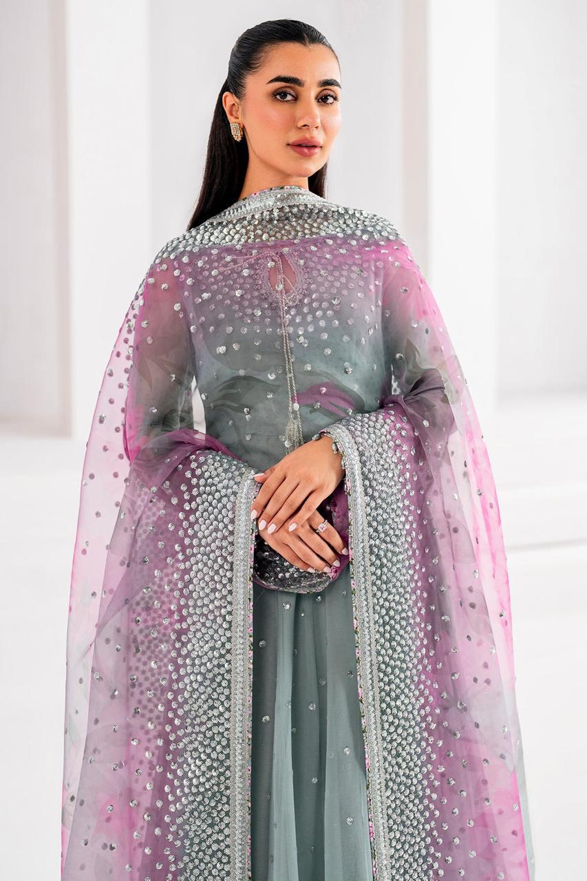 Woman wearing a traditional outfit with a pink dupatta and silver embellishments.
