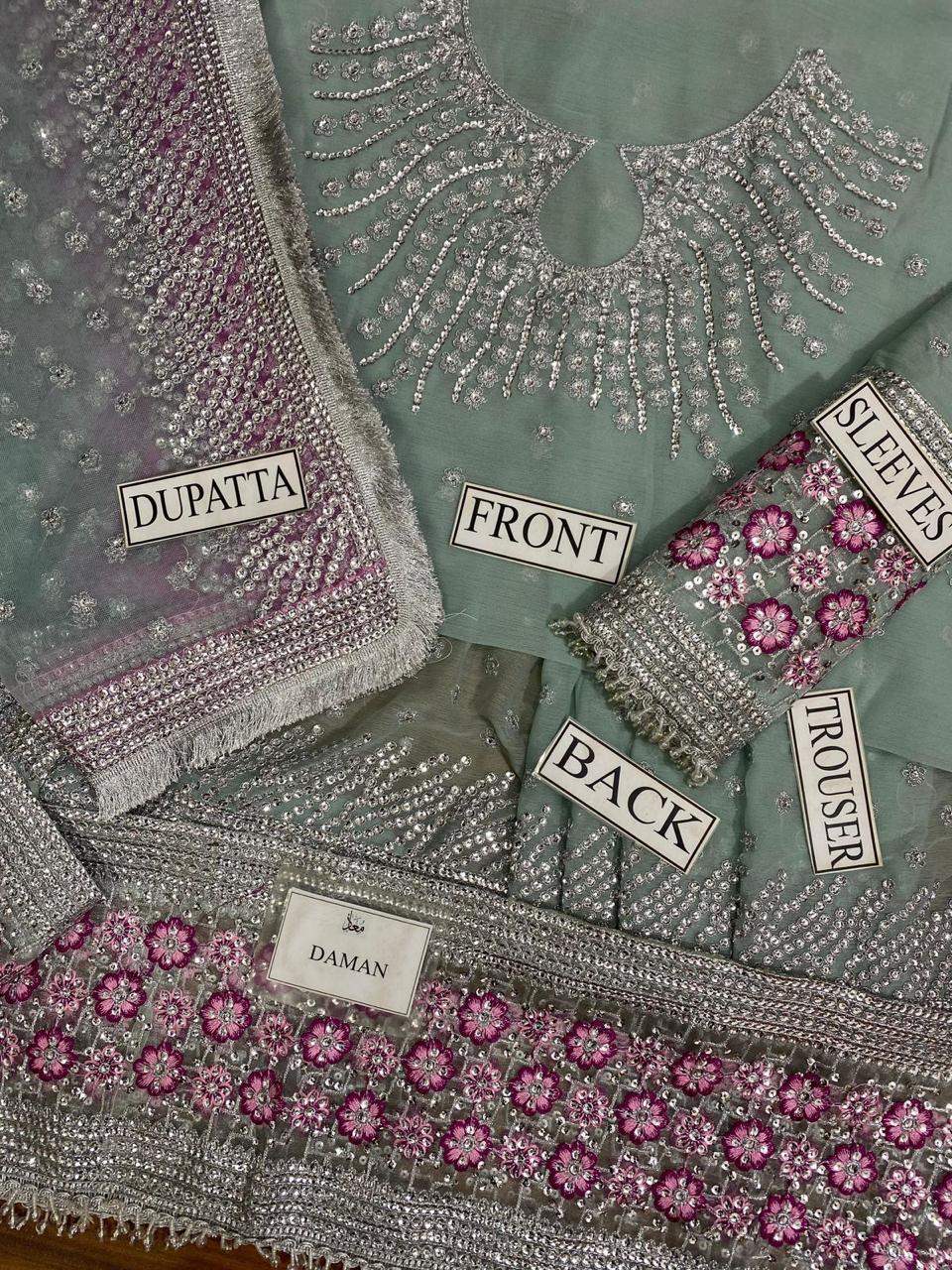Embroidered fabric pieces with labels indicating parts of a traditional outfit.