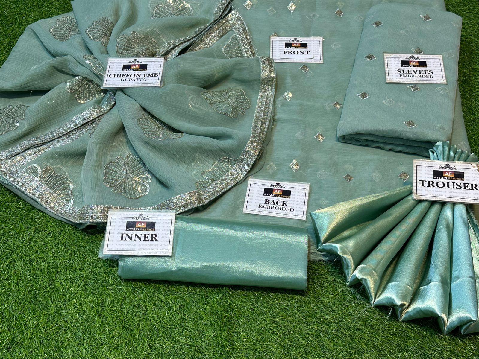 Teal fabric with embroidered patterns on a grassy background