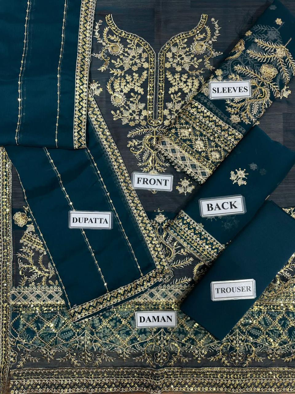 Embroidered fabric set with labels indicating parts of the outfit on a matching fabric background.