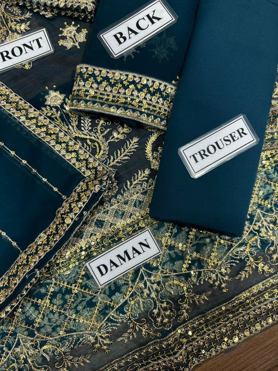 Patterned fabric with labels indicating 'Front', 'Back', 'Daman', and 'Trouser'.