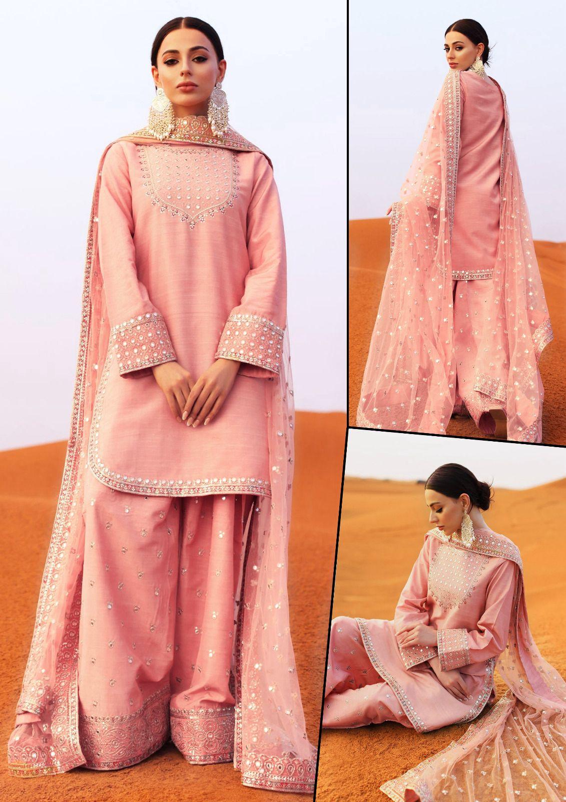 Collage of a woman wearing a pink traditional outfit with intricate designs in a desert setting.
