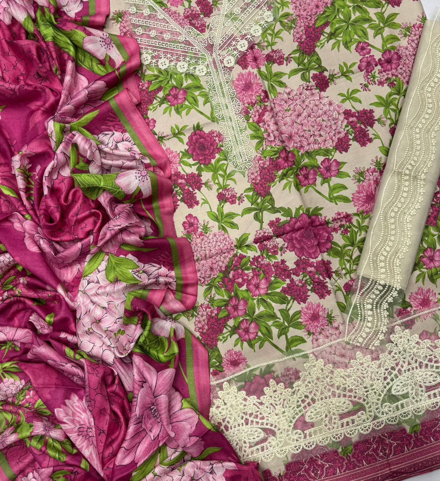 Floral fabric with pink and green flowers on a white background
