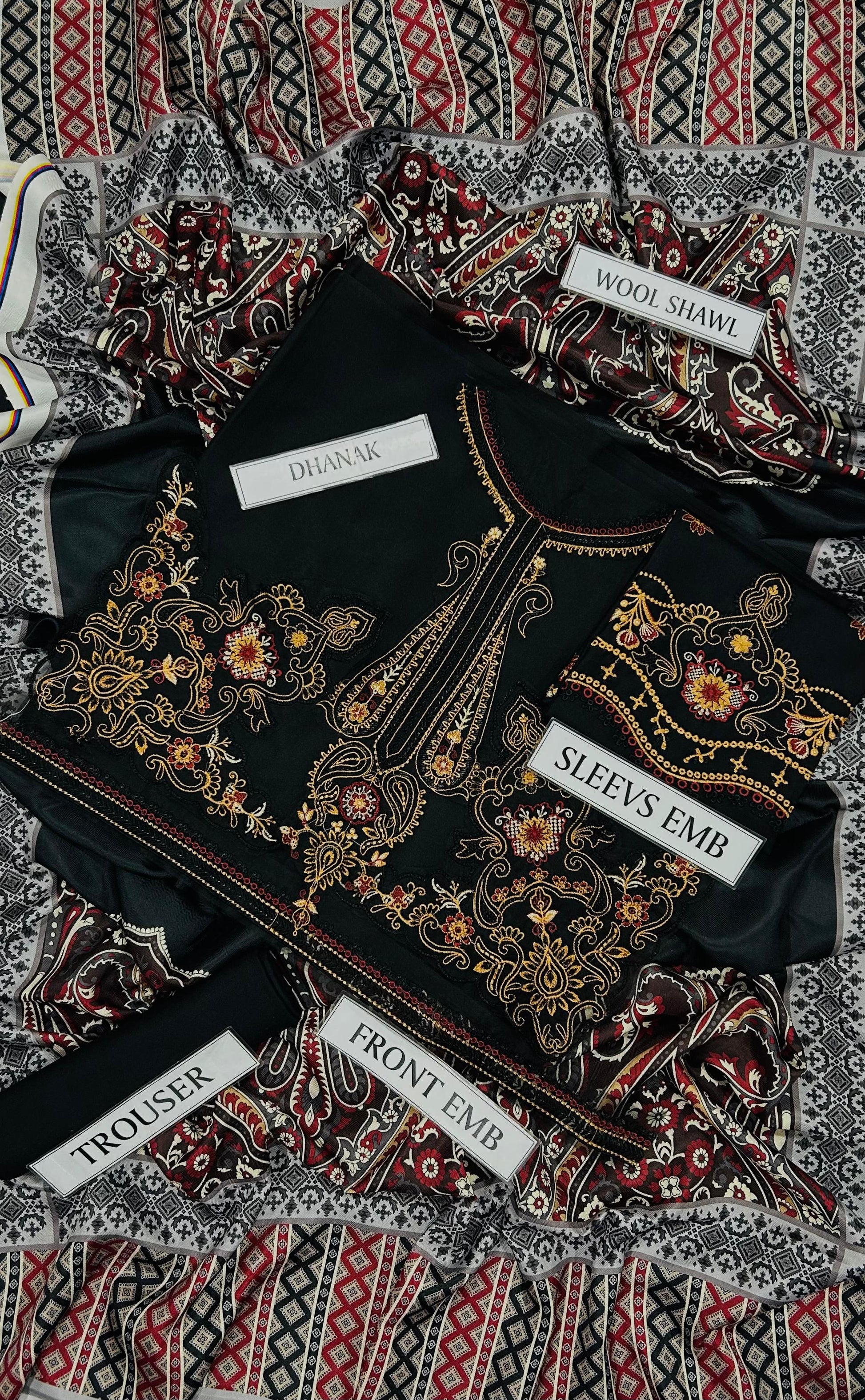 Embroidered garment with labels indicating parts of the design on a patterned background.