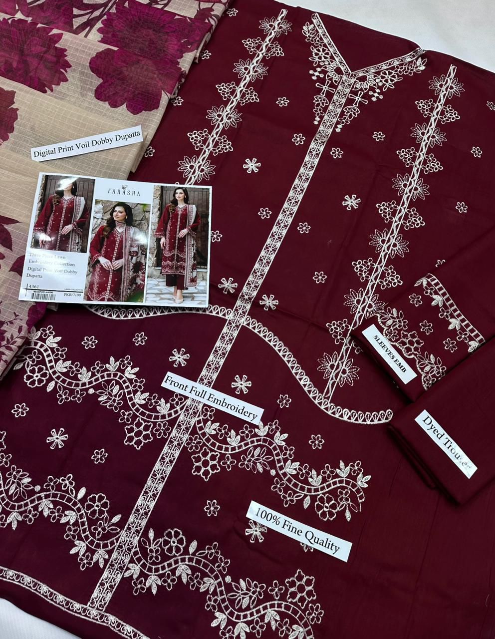 Maroon fabric with white embroidery and a product card displaying similar designs.