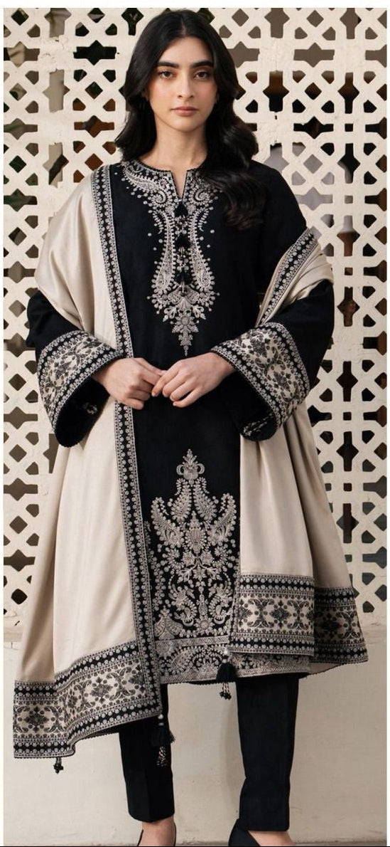 Three-piece lawn embroidery collection with digital print voil dobby dupatta by Jazmin.