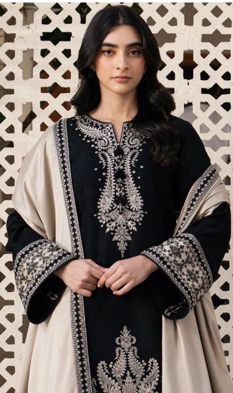 Three-piece lawn embroidery collection with digital print voil dobby dupatta by Jazmin.