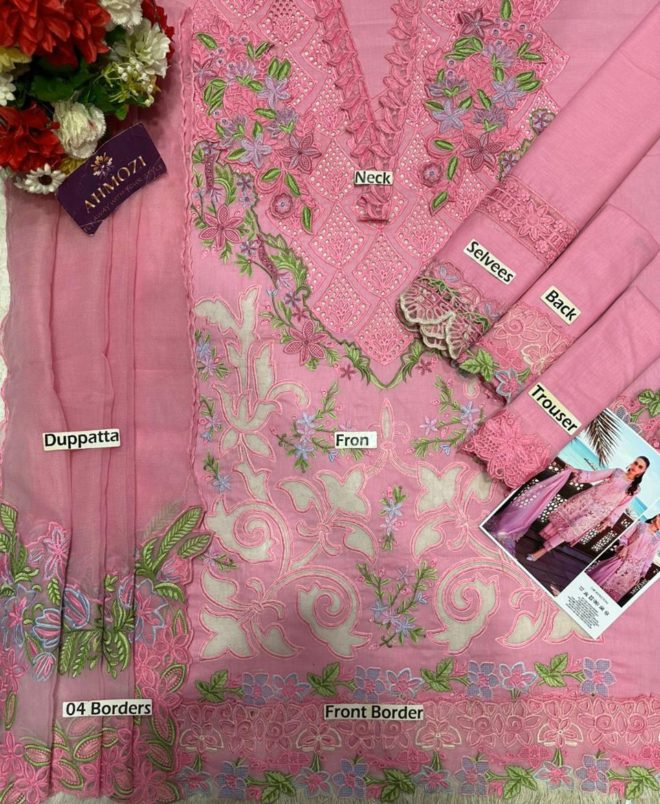 Pink embroidered fabric with labeled parts on a pink background