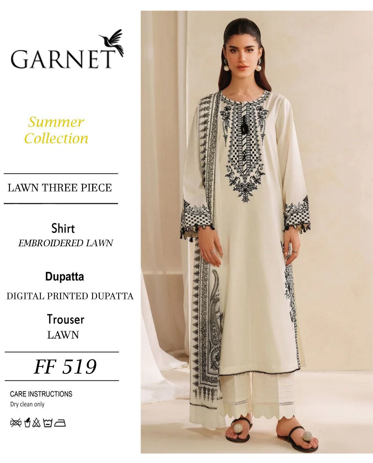 Woman wearing a Garnet three-piece outfit with embroidery and digital printing, standing against a neutral background.