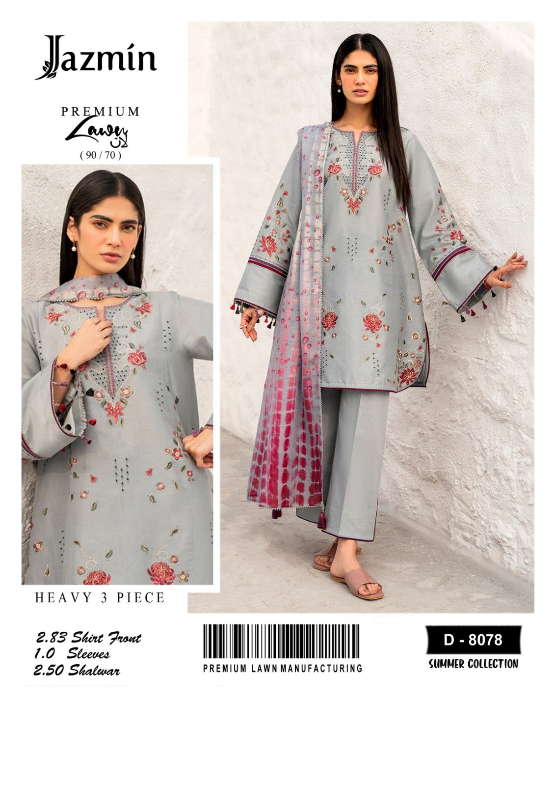 Woman wearing a gray embroidered outfit with 'Jazmin' branding on a white background