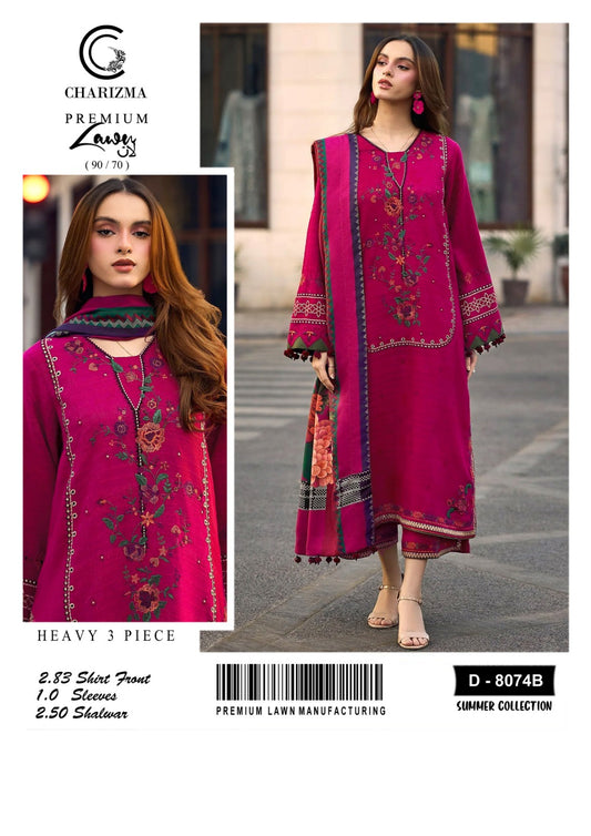 Woman wearing a pink embroidered outfit with Charizma branding, set against an urban background.