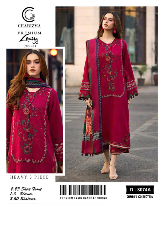 Woman wearing a red embroidered outfit with a Chaudhary Charizma label, set against an urban background.