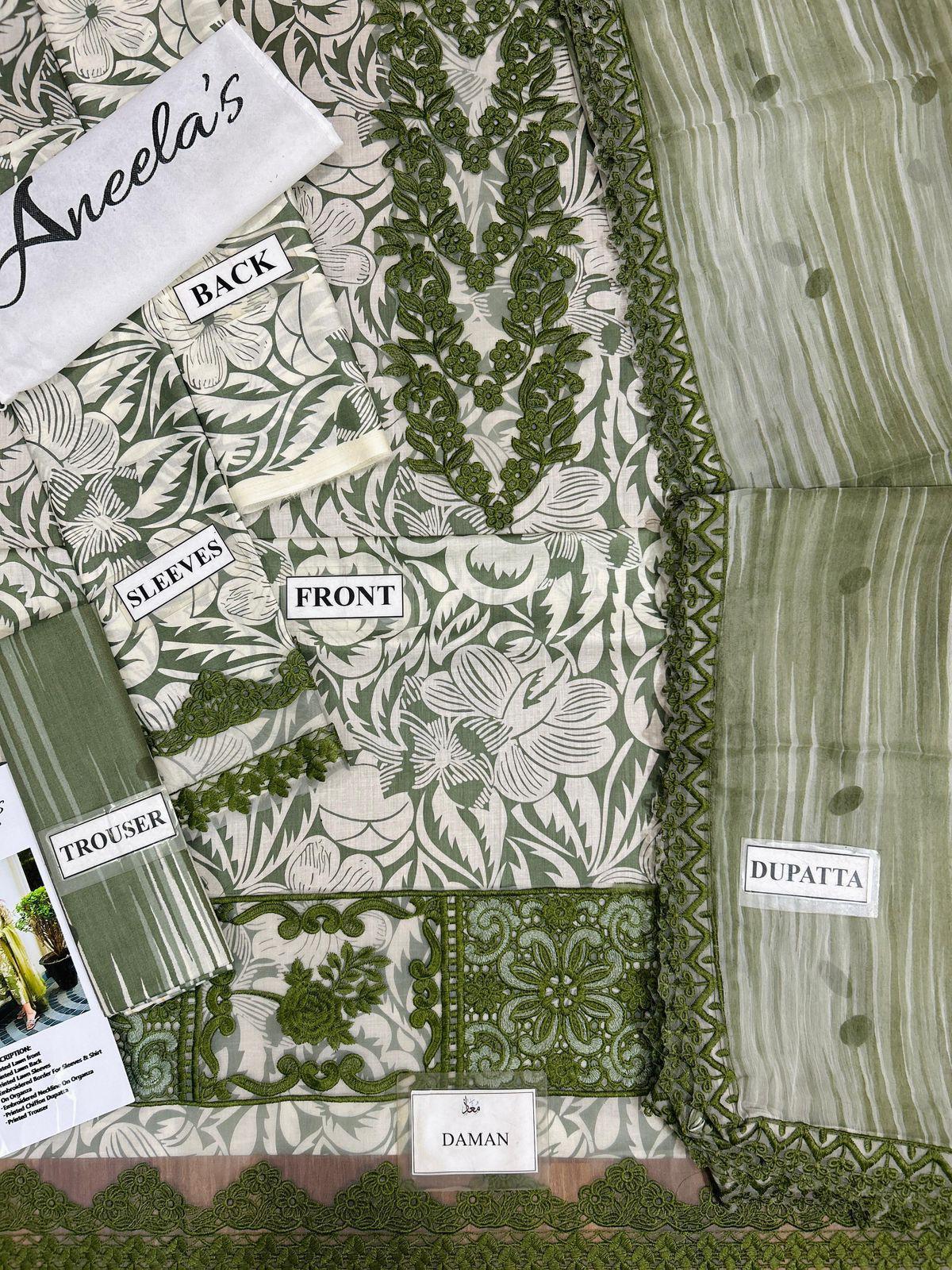 Green and white patterned fabric with labels indicating different garment parts on a textured surface.