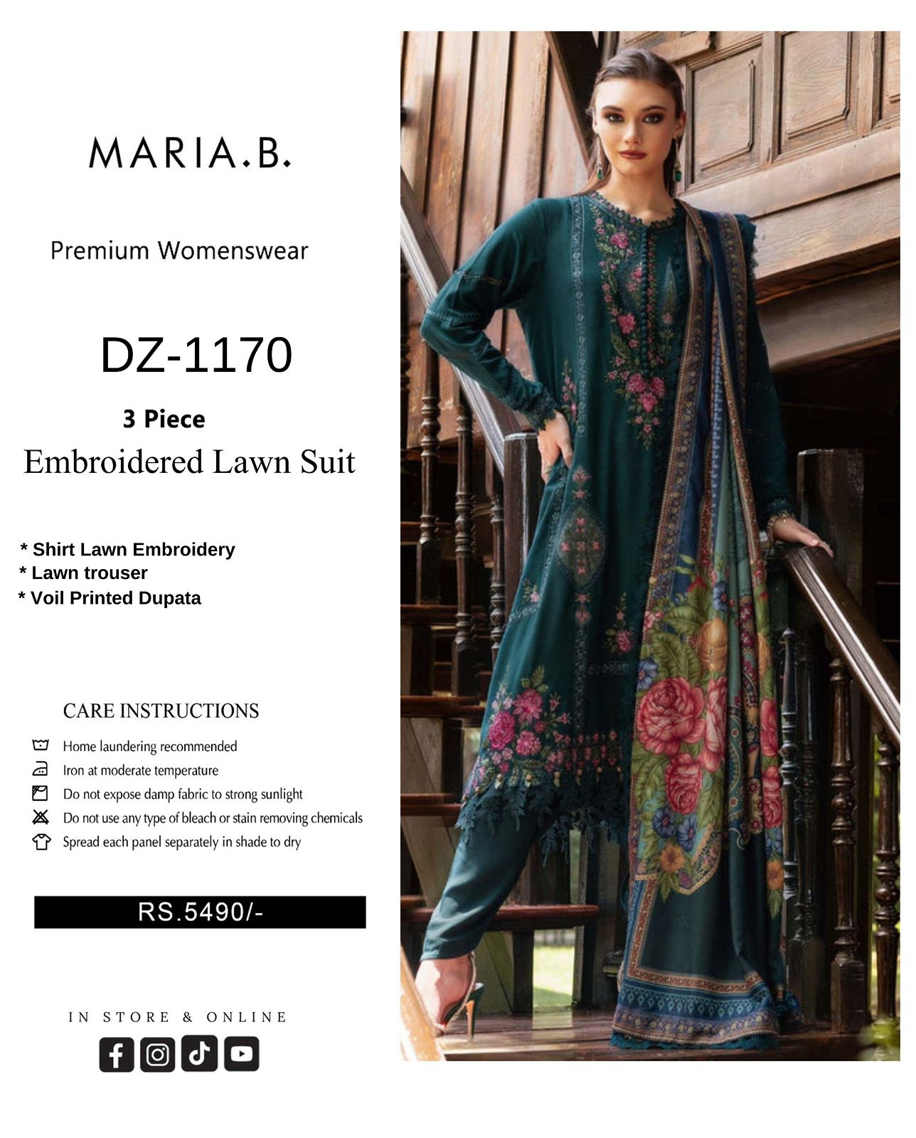 Woman in an embroidered lawn suit standing on a staircase with product details on the left.