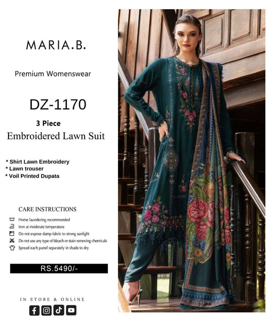 Woman in an embroidered lawn suit standing on a staircase with product details on the left.