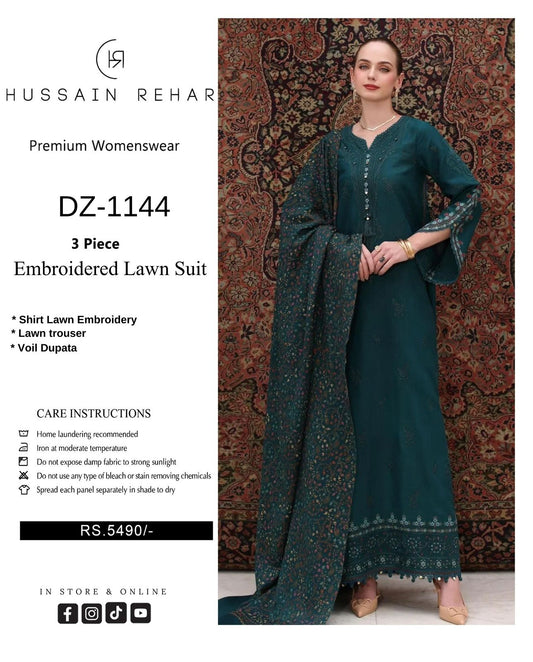 Hussain Rehar 3-piece embroidered lawn suit with care instructions and price on a white background.