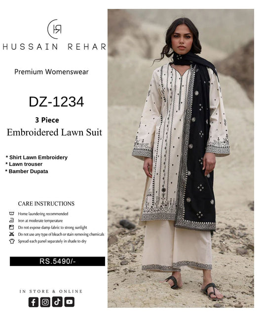 Hussain Rehar embroidered lawn suit with care instructions and product details.