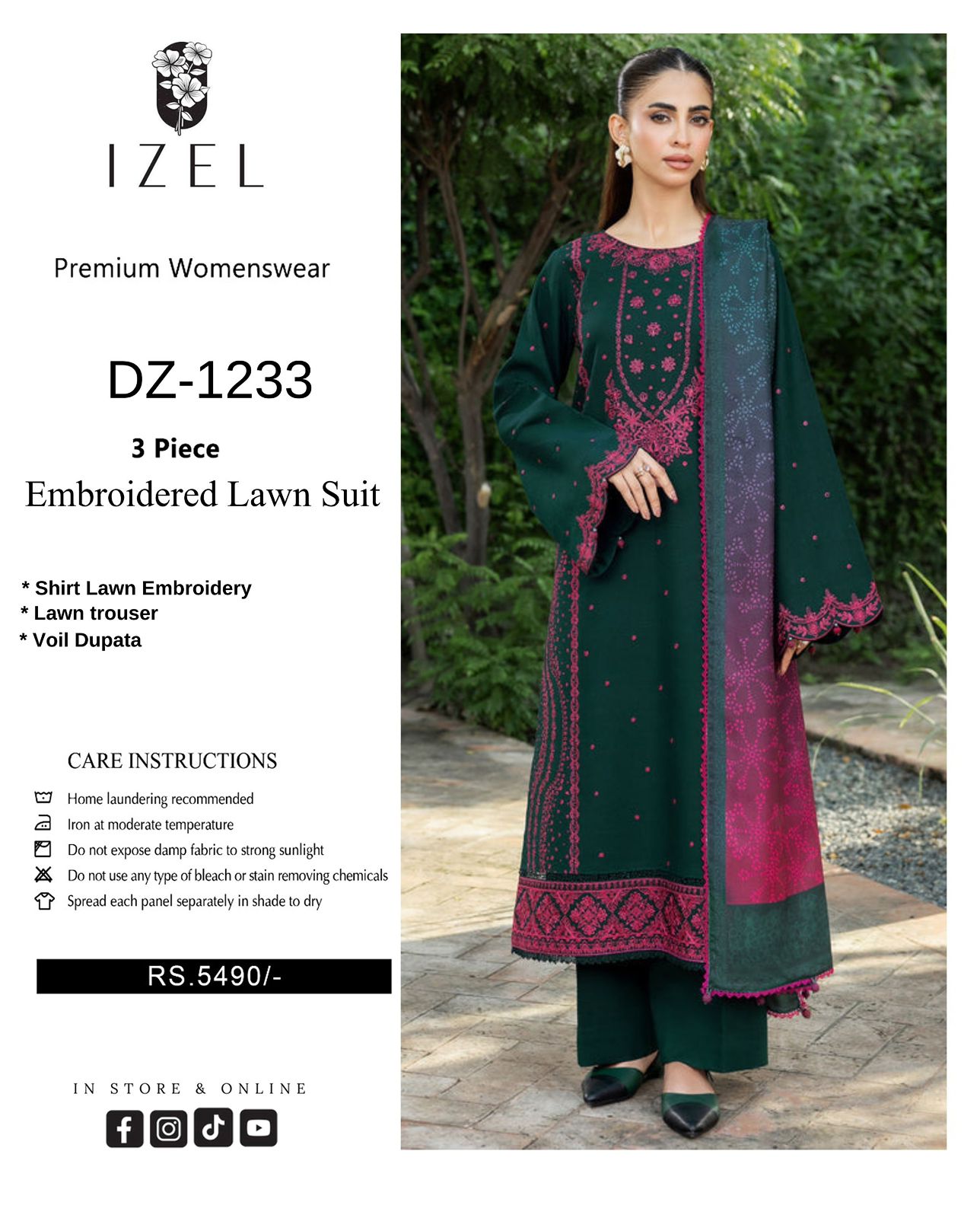 Model wearing an embroidered lawn suit with IZEL branding on a white background
