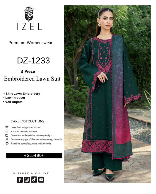 Model wearing an embroidered lawn suit with IZEL branding on a white background