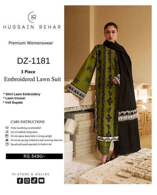 Hussain Rehar 3-piece embroidered lawn suit with a woman modeling it in a store setting.