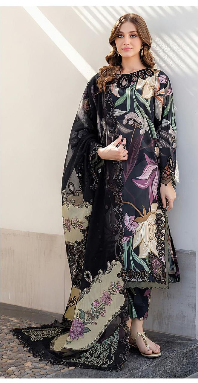 Woman wearing a Baroque printed outfit with care instructions displayed.