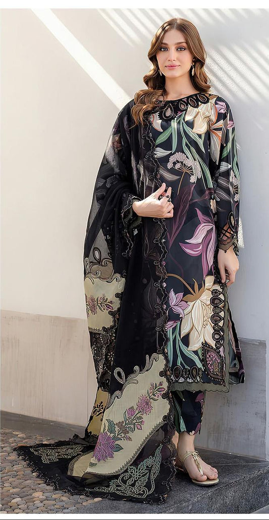 Woman wearing a Baroque printed outfit with care instructions displayed.