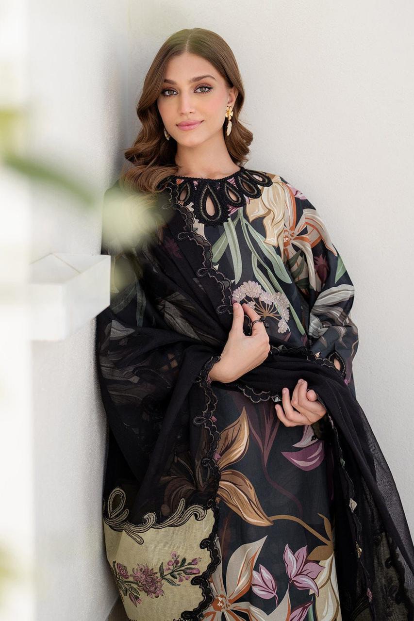 Woman wearing a floral dress with a black overlay against a white background