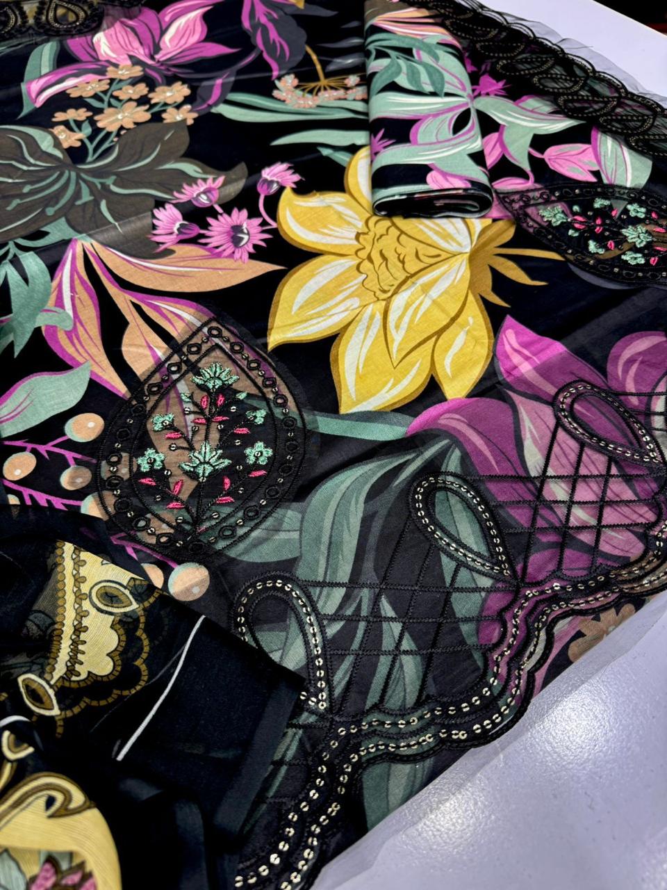 Close-up of a floral and geometric patterned fabric with vibrant colors.