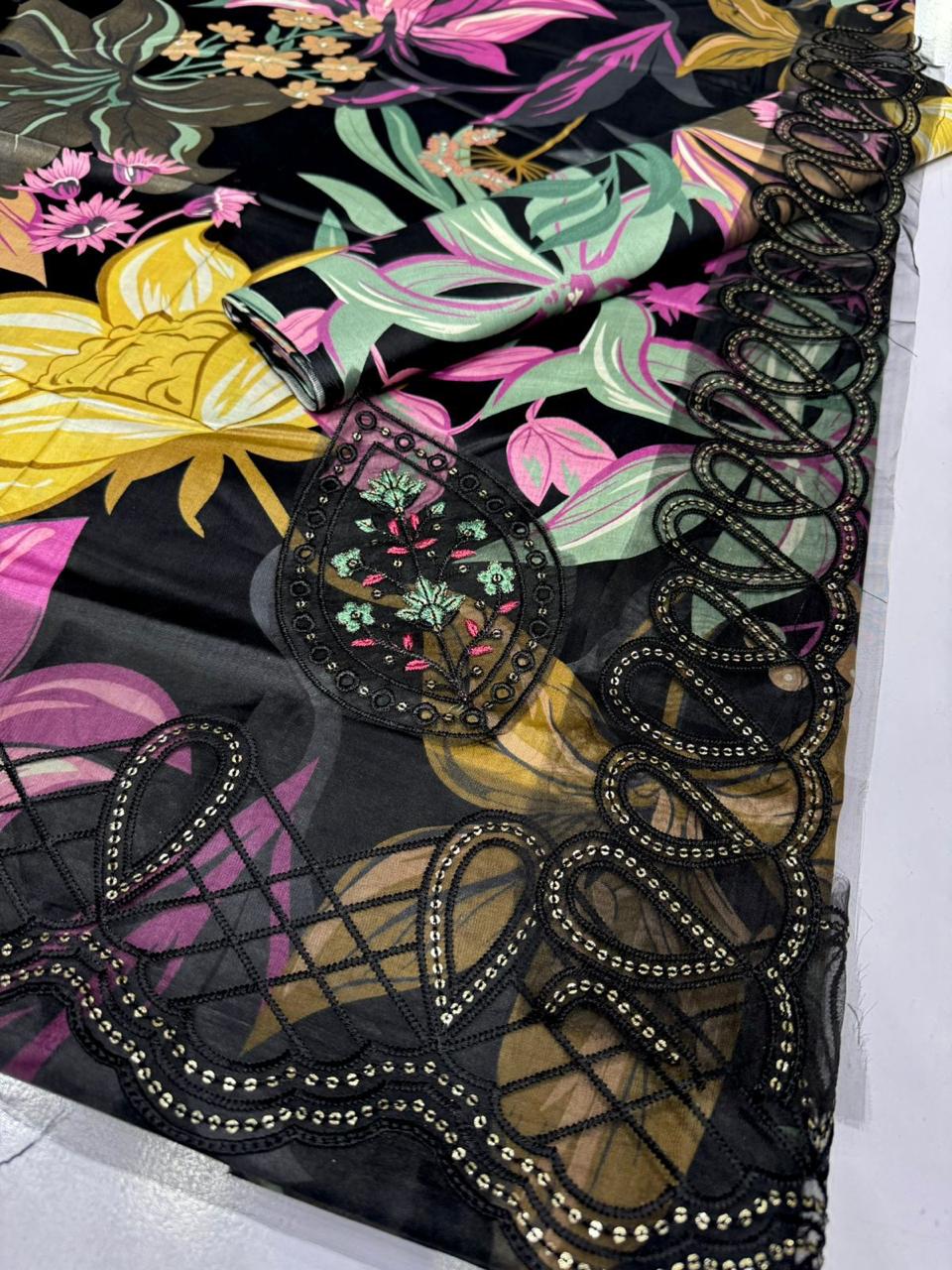 Close-up of a colorful fabric with floral patterns and embroidery on a black background.