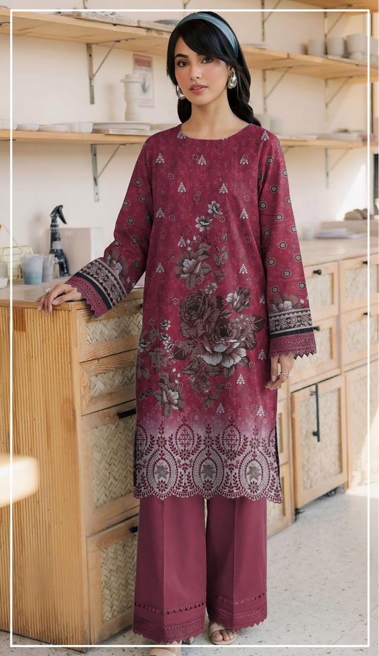 Woman wearing a maroon embroidered shirt and pants in a kitchen setting, with Ripple Collection branding.