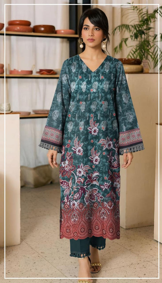 Woman wearing a floral printed shirt and trouser set from Ripple Collection with product details.