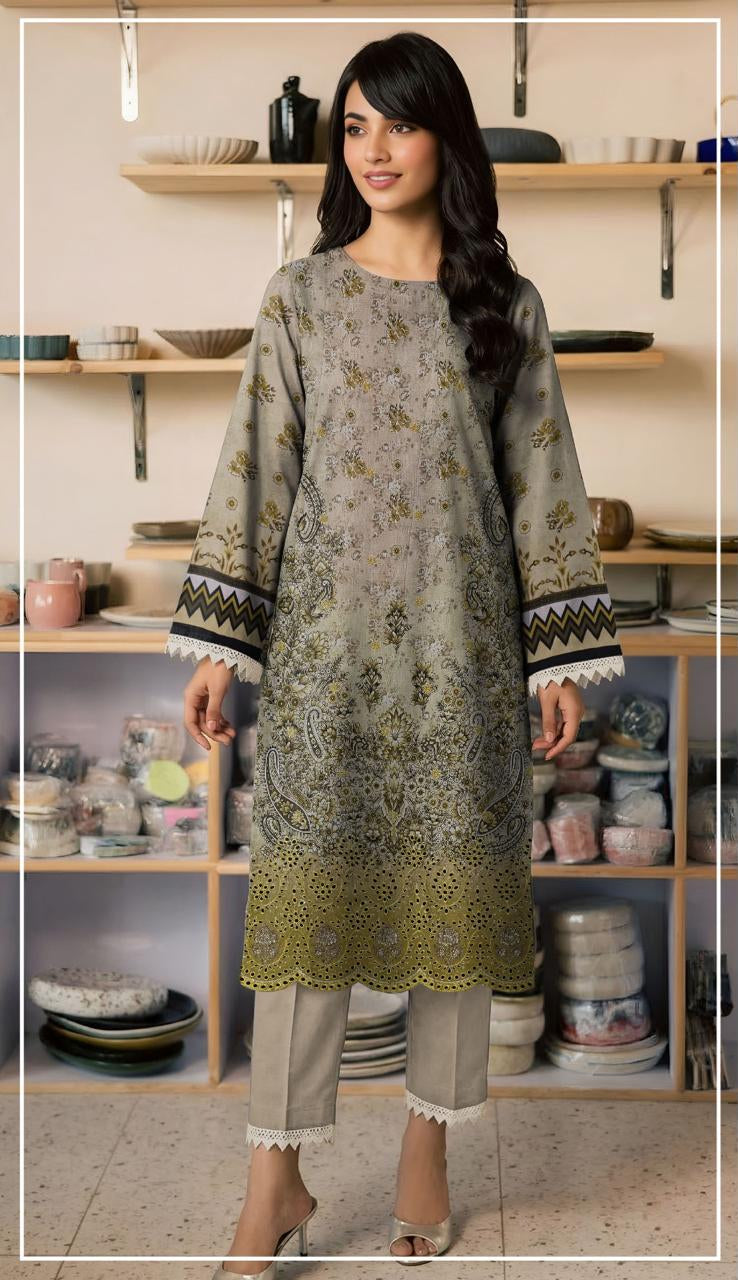 Woman wearing a printed shirt and trousers with a Ripple Collection logo.