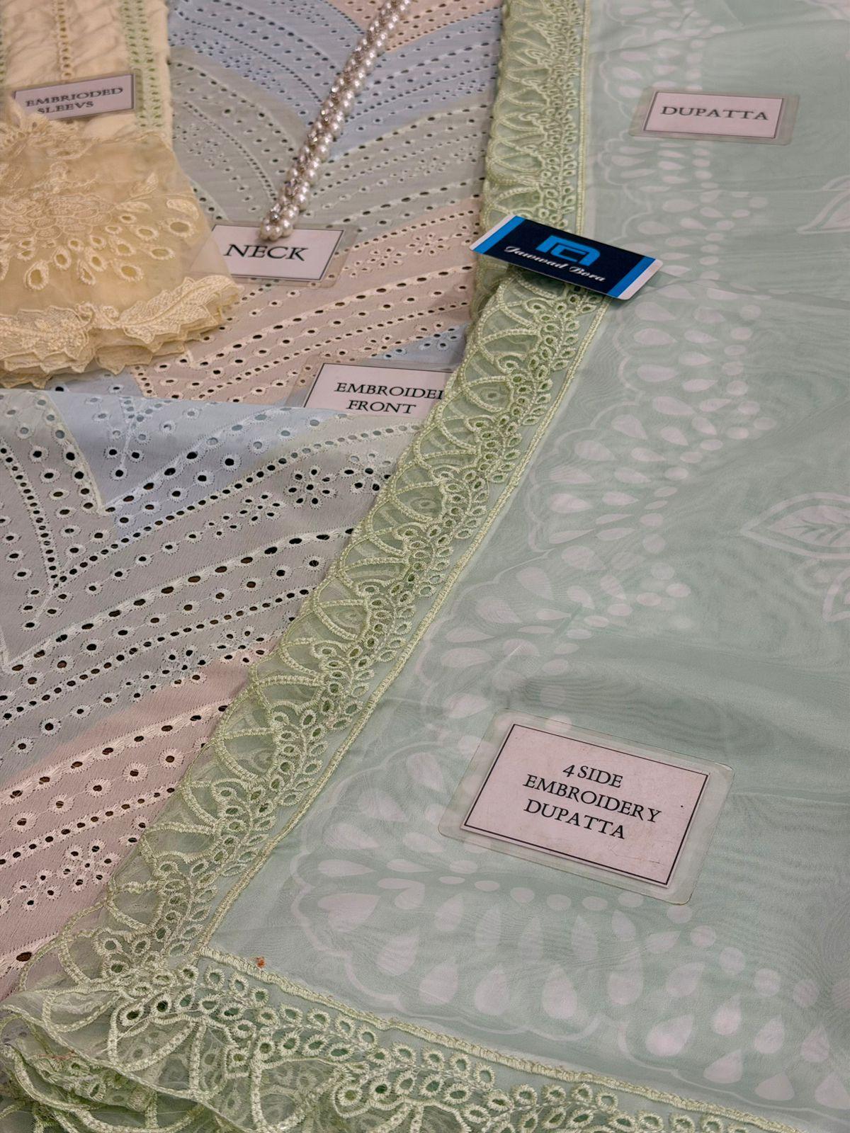 Collection of embroidered dupattas with labels on a flat surface