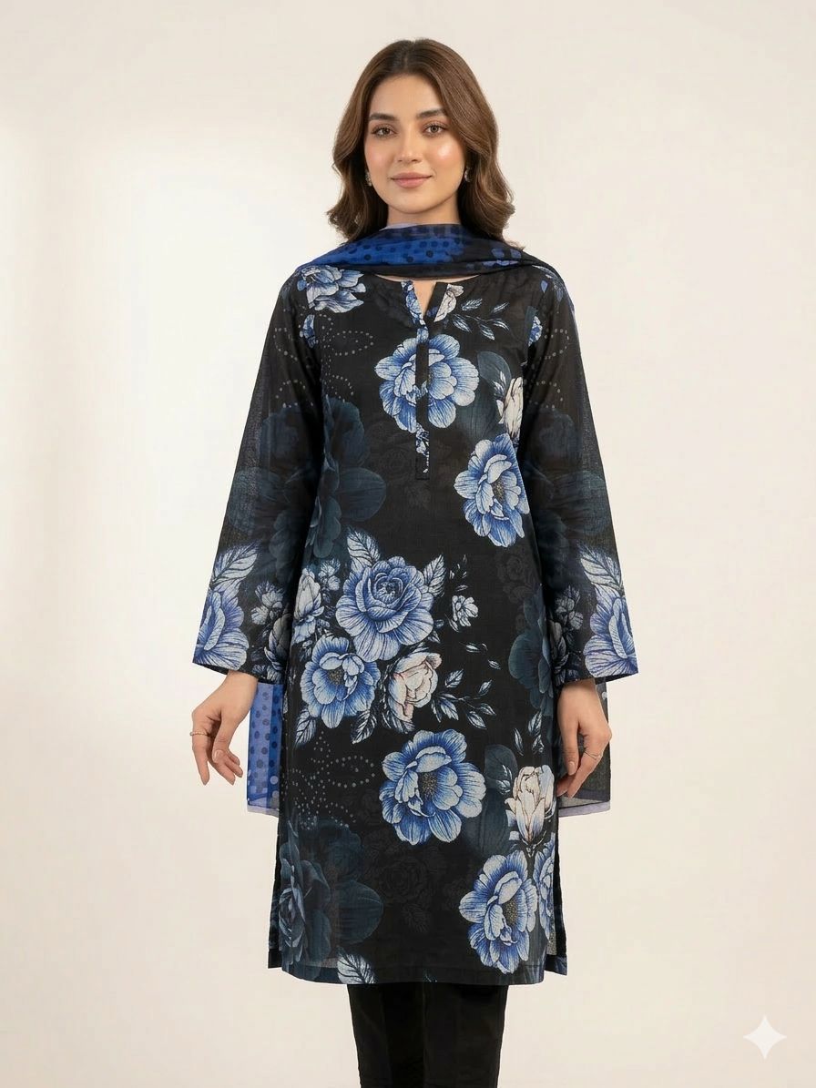 Black Blossom 3 Piece Digital Printed Airjet Lawn Suit with Banadora Lawn Shirt and Lawn Voile Dupatta