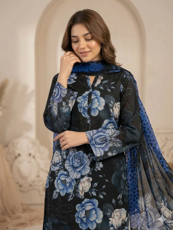 Black Blossom 3 Piece Digital Printed Airjet Lawn Suit with Banadora Lawn Shirt and Lawn Voile Dupatta