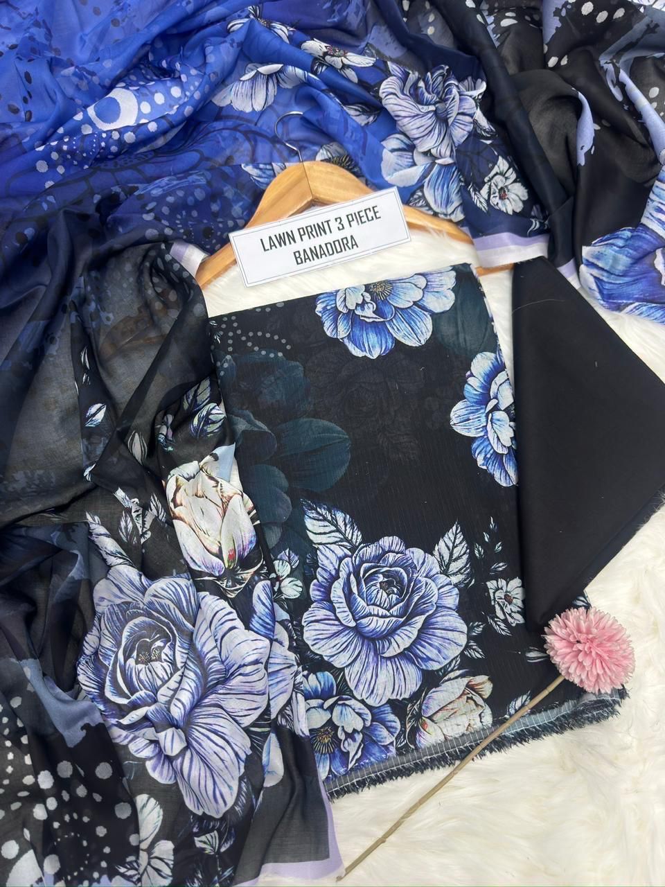 Black Blossom 3 Piece Digital Printed Airjet Lawn Suit with Banadora Lawn Shirt and Lawn Voile Dupatta