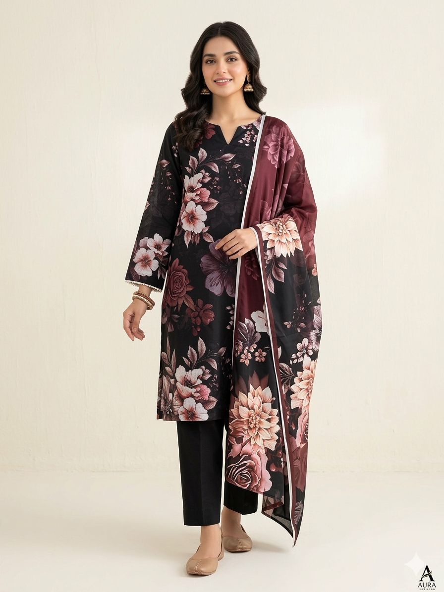 Black Blossom 3 Piece Digital Printed Airjet Lawn Suit with Banadora Lawn Shirt and Lawn Voile Dupatta