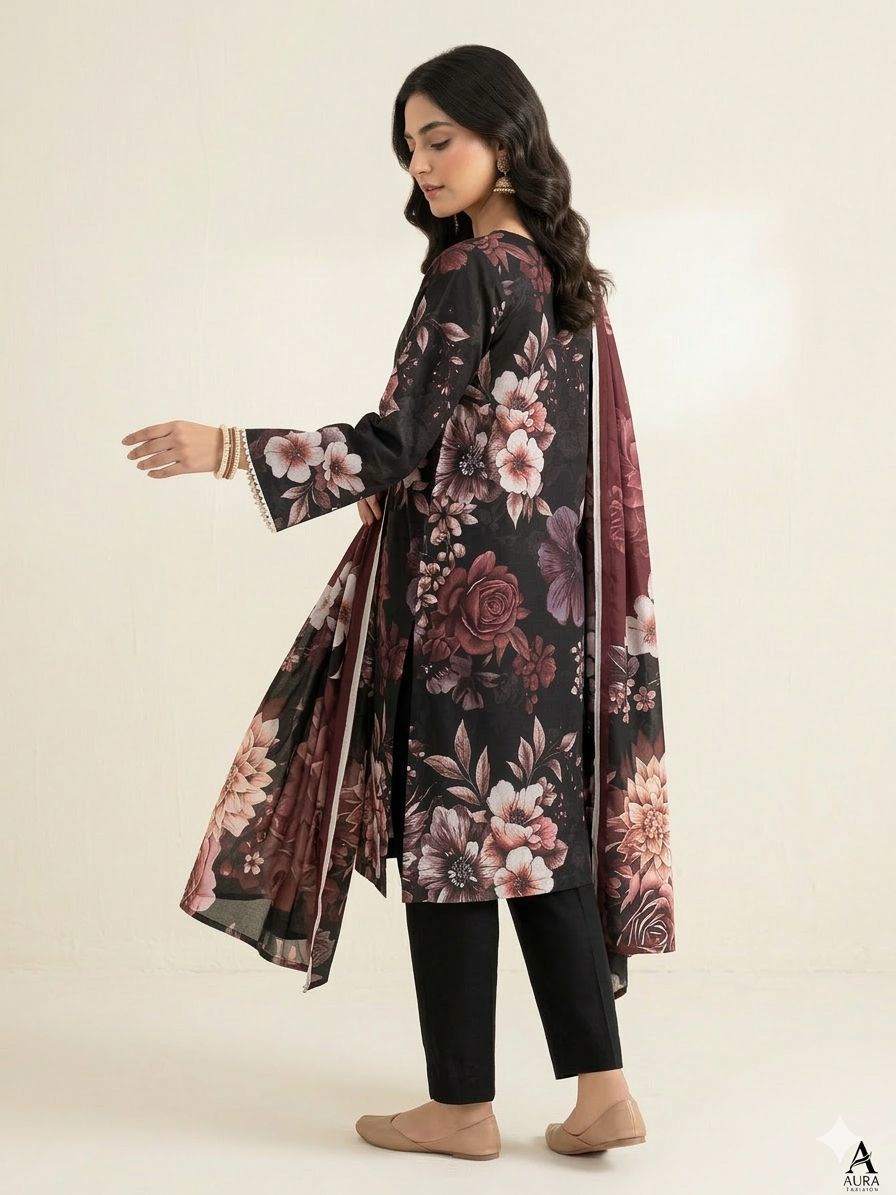 Black Blossom 3 Piece Digital Printed Airjet Lawn Suit with Banadora Lawn Shirt and Lawn Voile Dupatta