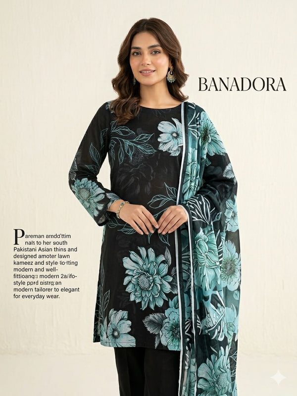 Black Blossom 3 Piece Digital Printed Airjet Lawn Suit with Banadora Lawn Shirt and Lawn Voile Dupatta