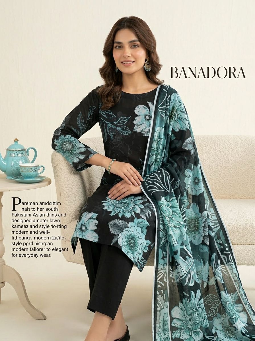 Black Blossom 3 Piece Digital Printed Airjet Lawn Suit with Banadora Lawn Shirt and Lawn Voile Dupatta