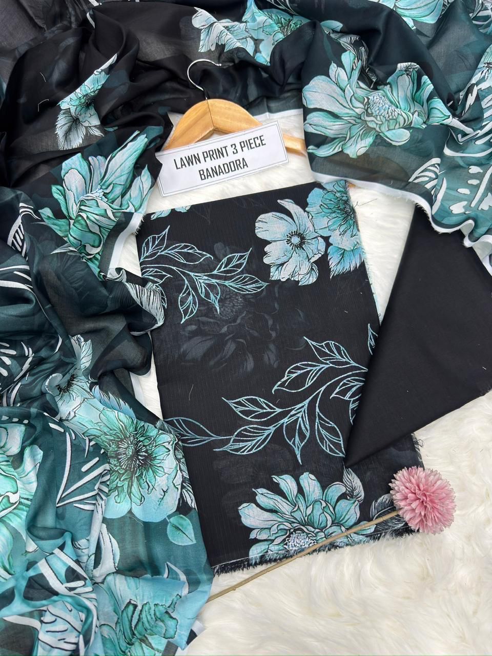 Black Blossom 3 Piece Digital Printed Airjet Lawn Suit with Banadora Lawn Shirt and Lawn Voile Dupatta