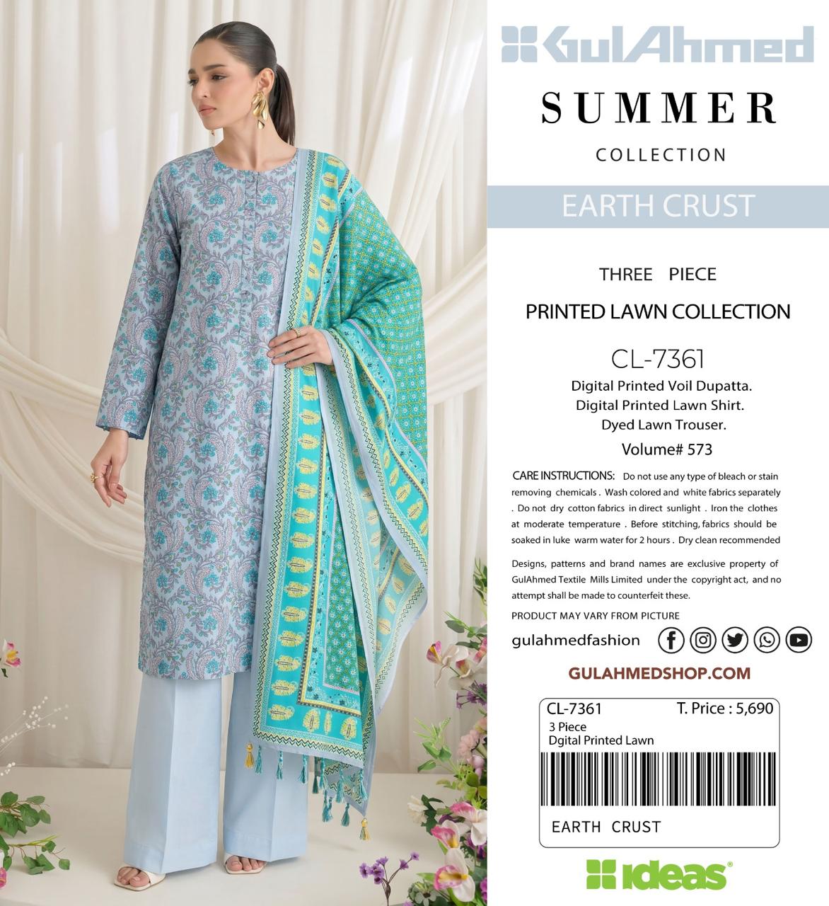A woman modeling a three-piece printed lawn suit from GulAhmed Collection's Summer Earth Crust line, featuring a light blue patterned kurta, matching trousers, and a turquoise dupatta with yellow borders, shown next to product details on a white background.