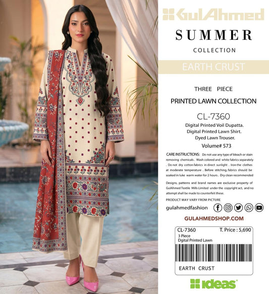 A woman modeling a Gul Ahmed Summer Collection Earth Crust three-piece printed lawn suit, featuring a cream kurta with colorful floral prints, a red patterned jacket, and beige trousers, shown next to product details on a white panel.