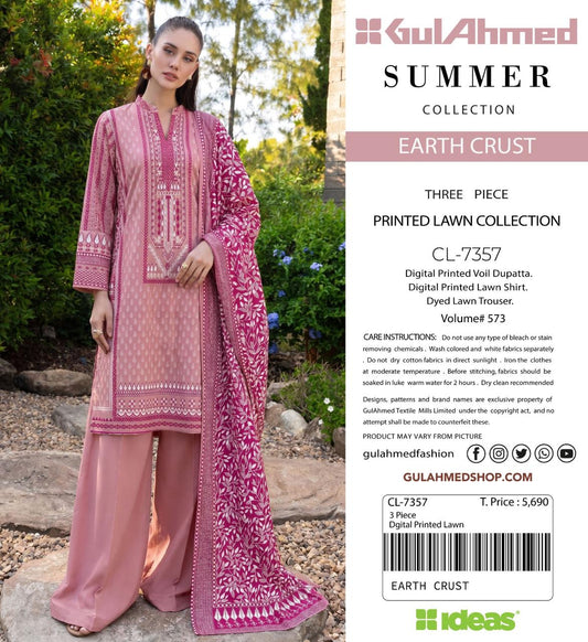 A model wearing a three-piece printed lawn suit in dusty pink and magenta with intricate embroidery, shown alongside product details on a white sidebar. The brand is GulAhmed, and the collection is Earth Crust Summer Collection.