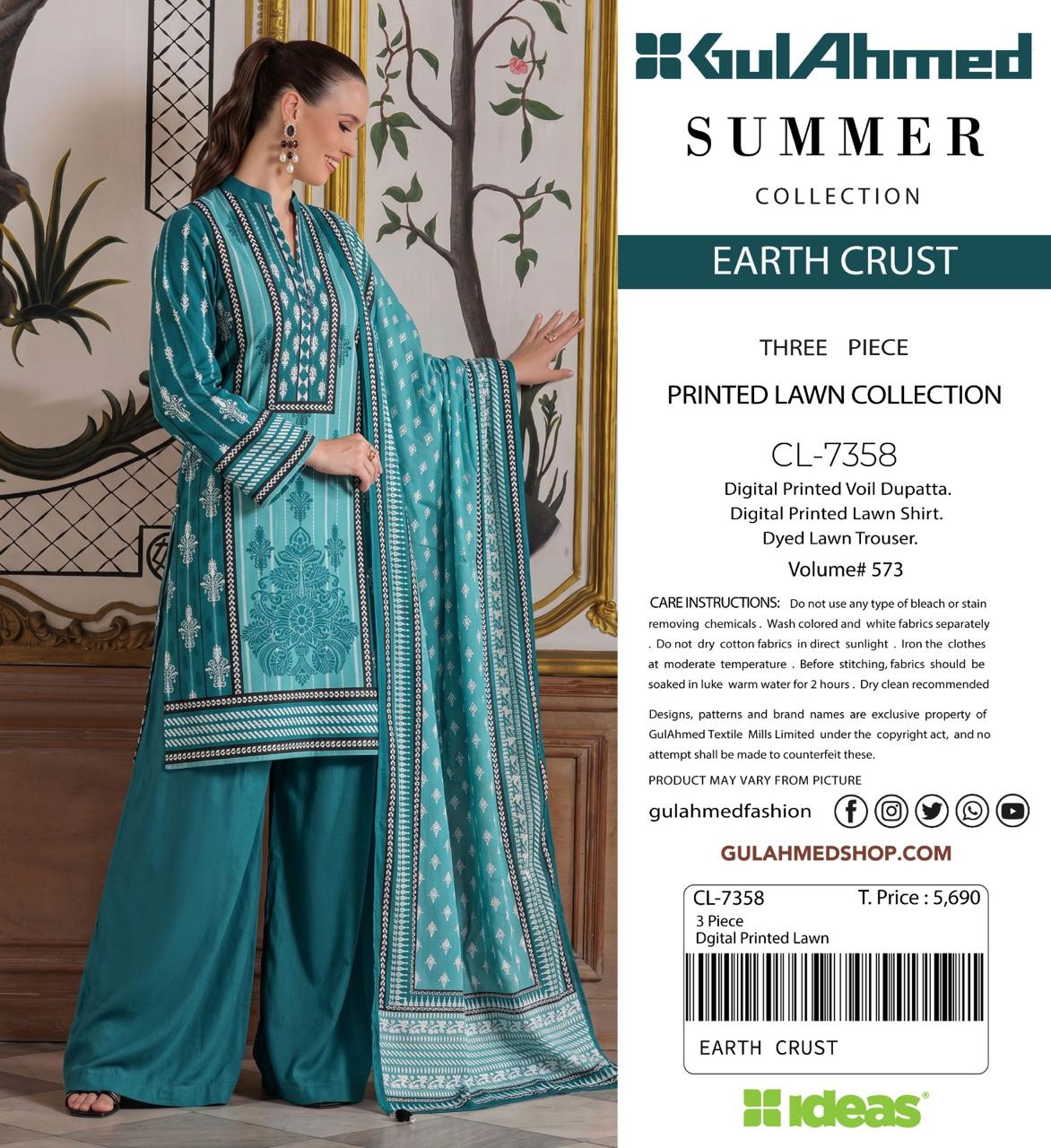 A woman modeling a teal printed lawn kurta and matching pants from GulAhmed Summer Collection, shown against an ornate indoor backdrop with a product information panel on the right.