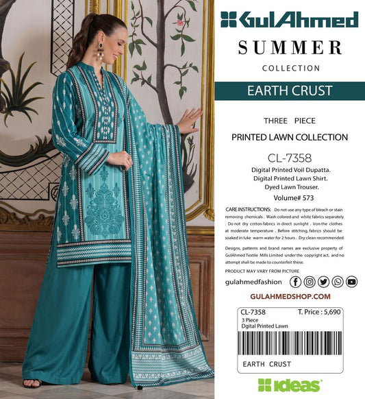 A woman modeling a teal printed lawn kurta and matching pants from GulAhmed Summer Collection, shown against an ornate indoor backdrop with a product information panel on the right.