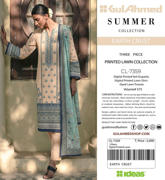 A model wearing a Gul Ahmed Summer Collection Earth Crust three-piece printed lawn suit, featuring a beige kurta with blue embroidery, a matching printed dupatta, and a digital printed vest, set against a rustic wooden door background with product details on the right.